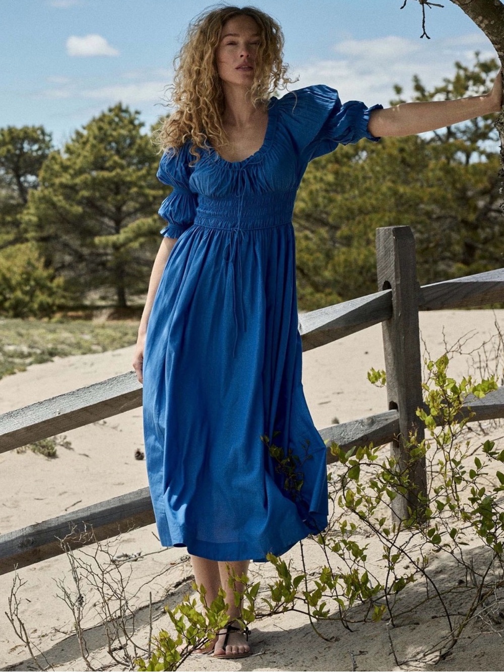 Doen Cobalt Blue Puff-Sleeve Midi Dress